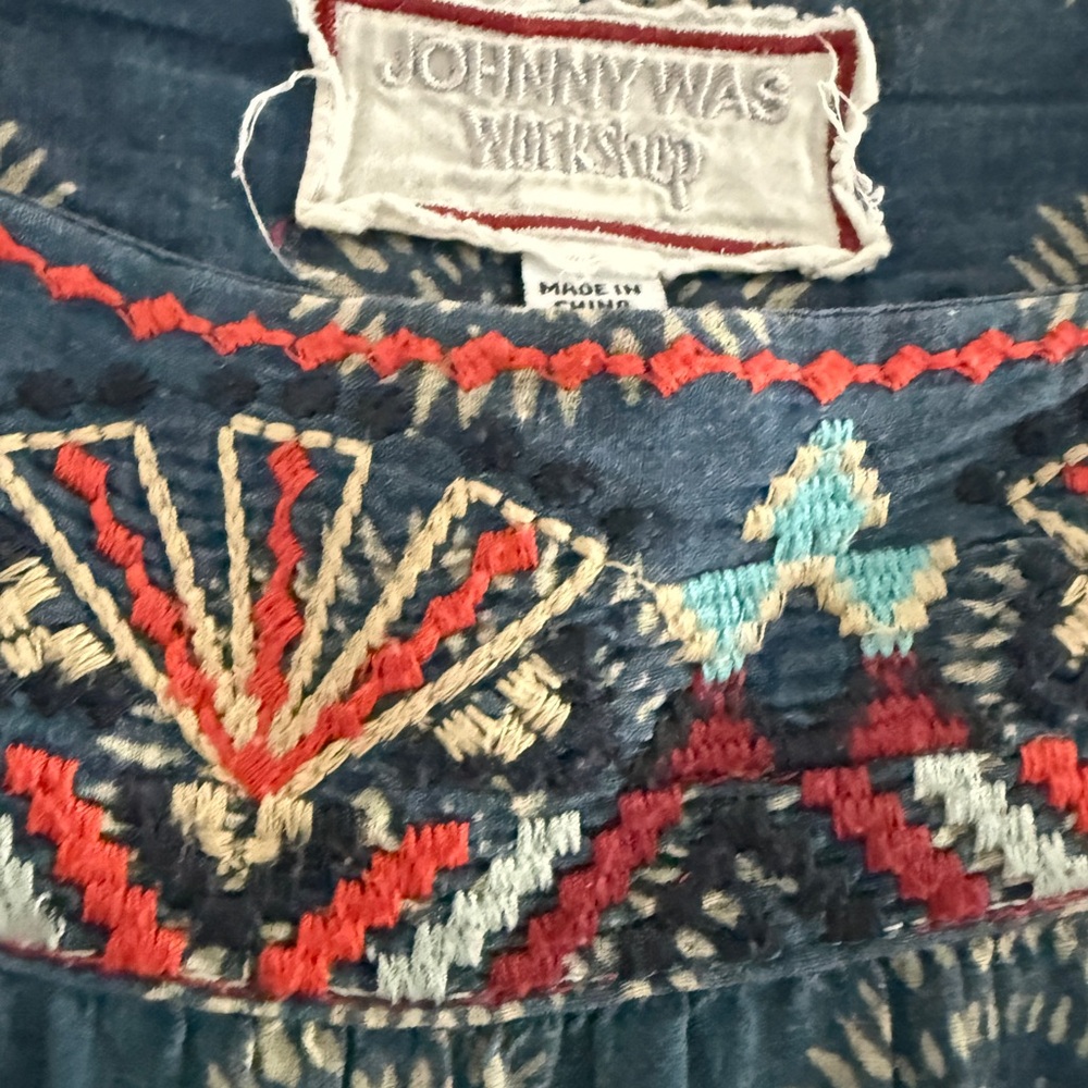 Johnny Was Blue Peasant Blouse with Red-Orange Embroidery - Picture 2 of 6